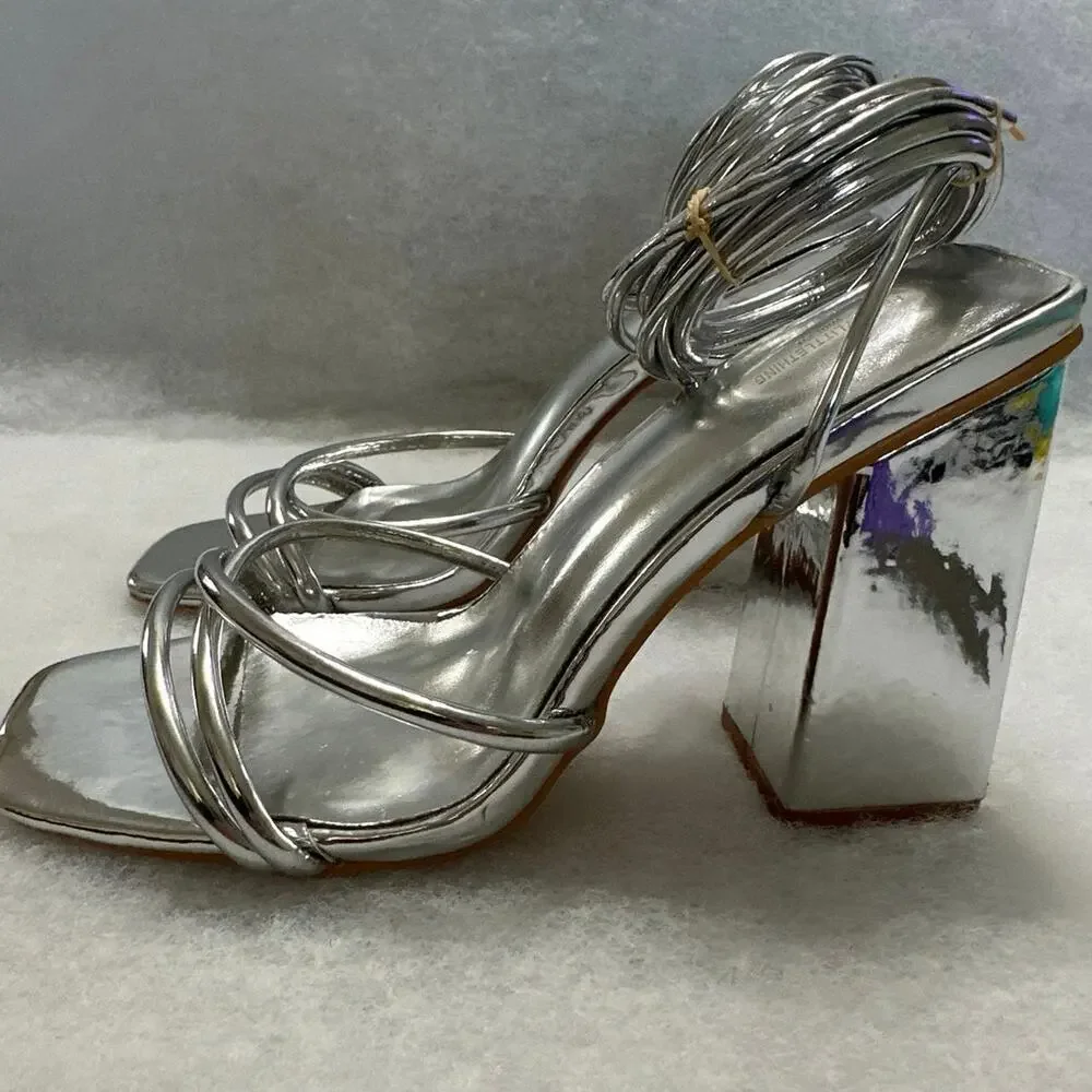 Pretty Little Thing Wide Fit Metallic Silver Strappy Lace-Up Block Heels. Size 7